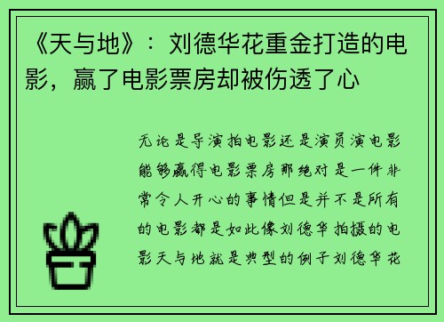 《天与地》：刘德华花重金打造的电影，赢了电影票房却被伤透了心