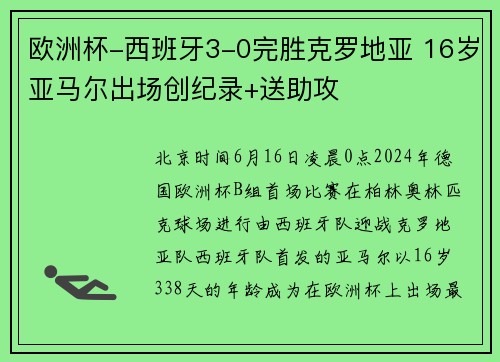 欧洲杯-西班牙3-0完胜克罗地亚 16岁亚马尔出场创纪录+送助攻