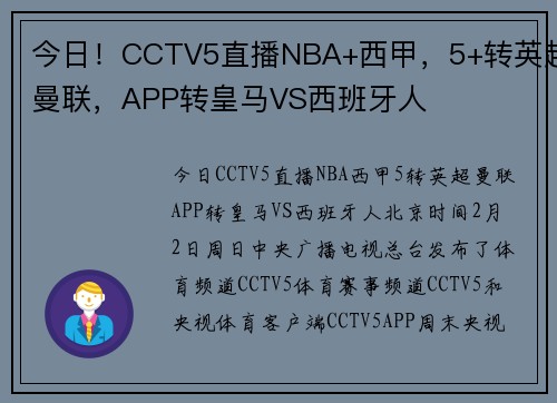 今日！CCTV5直播NBA+西甲，5+转英超曼联，APP转皇马VS西班牙人