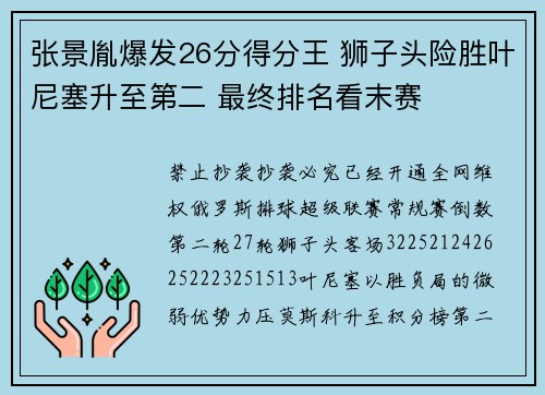 张景胤爆发26分得分王 狮子头险胜叶尼塞升至第二 最终排名看末赛